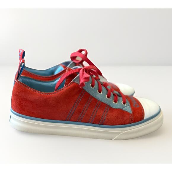 CHANEL CC Red Lambskin Leather Suede Tennis Sneakers Vintage Size 38 Logo EUC - Picture 5 of 16